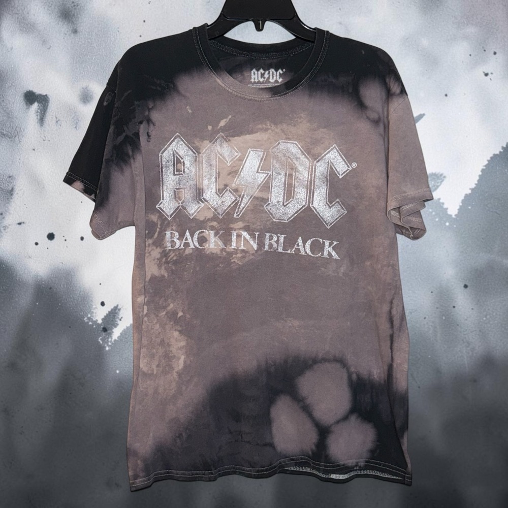 AC/DC Back In Black Tie Dye Graphic T-Shirt Mens M/L Black Grey Cotton Rock Tee
